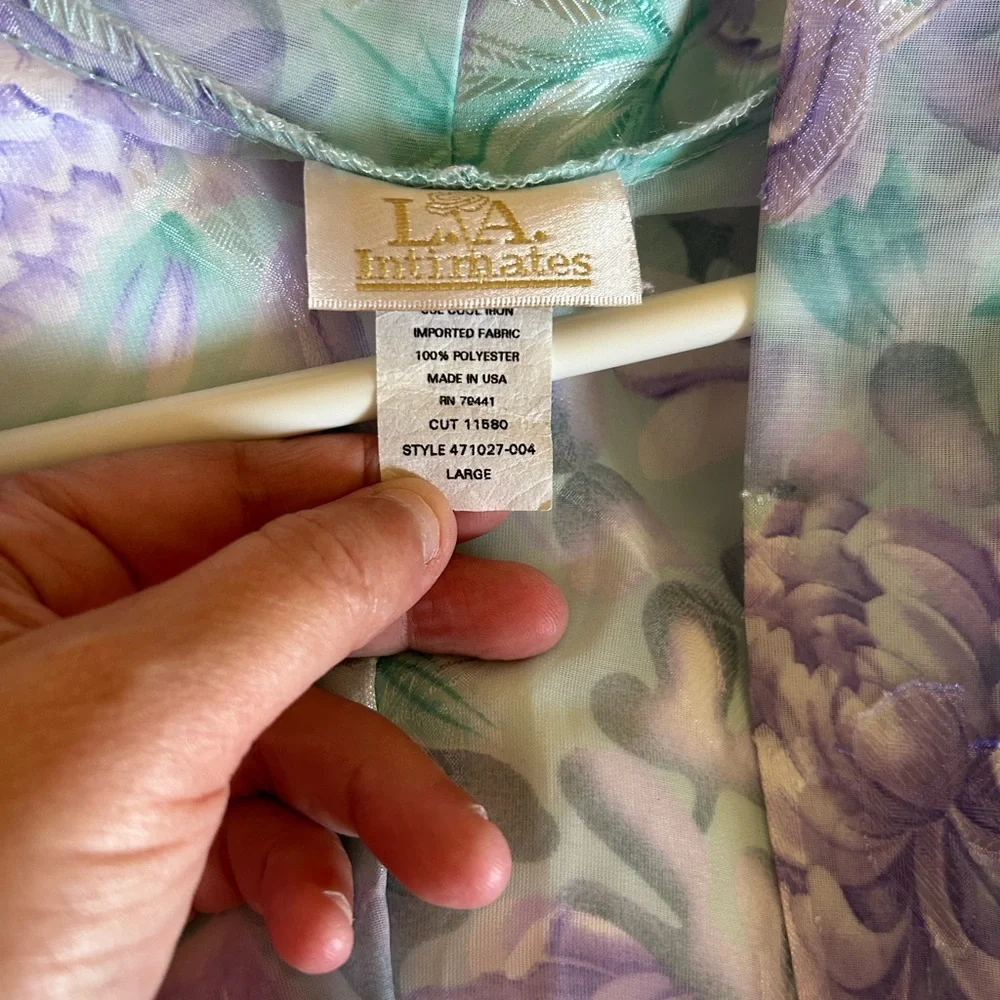 Vtg LA Intimates Robe Large Purple Green Floral Sheer Kimono Cottagecore 80s 90s